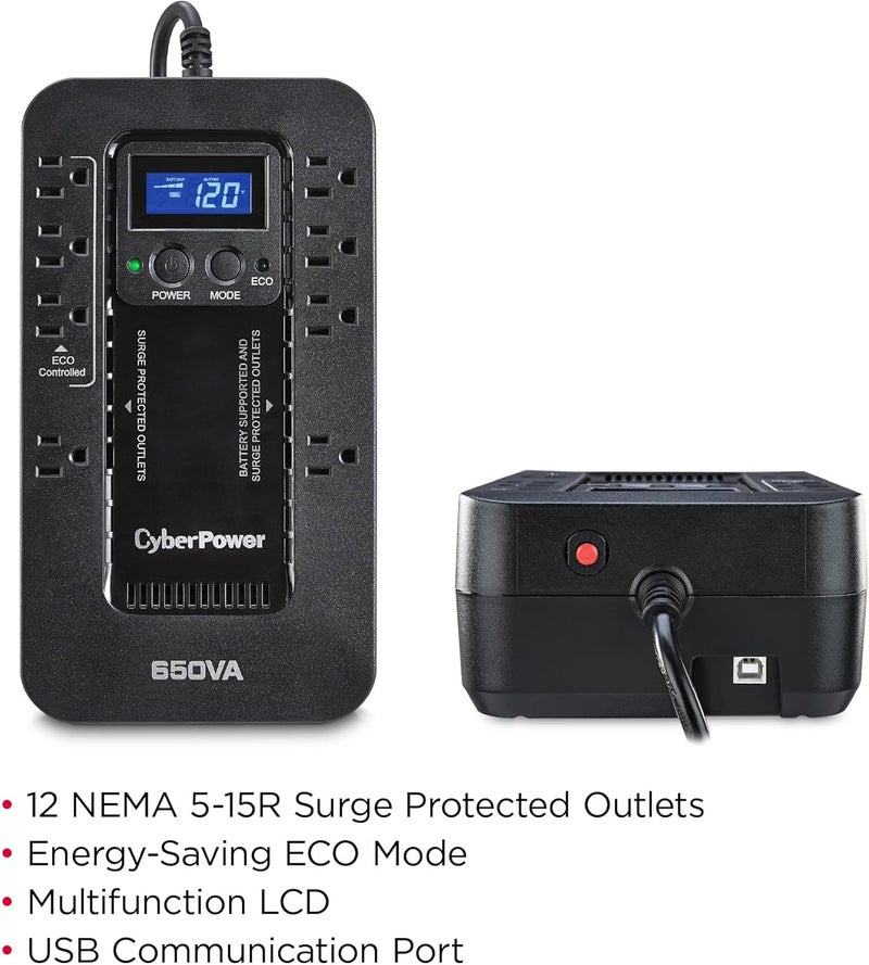 CyberPower نظام UPS لحماية البطارية الاحتياطية والجهد الكهربائي EC650LCD Ecologic، 650VA/390W، 8 مآخذ، وضع ECO، مزود طاقة غير منقطع مدمج - Image 3